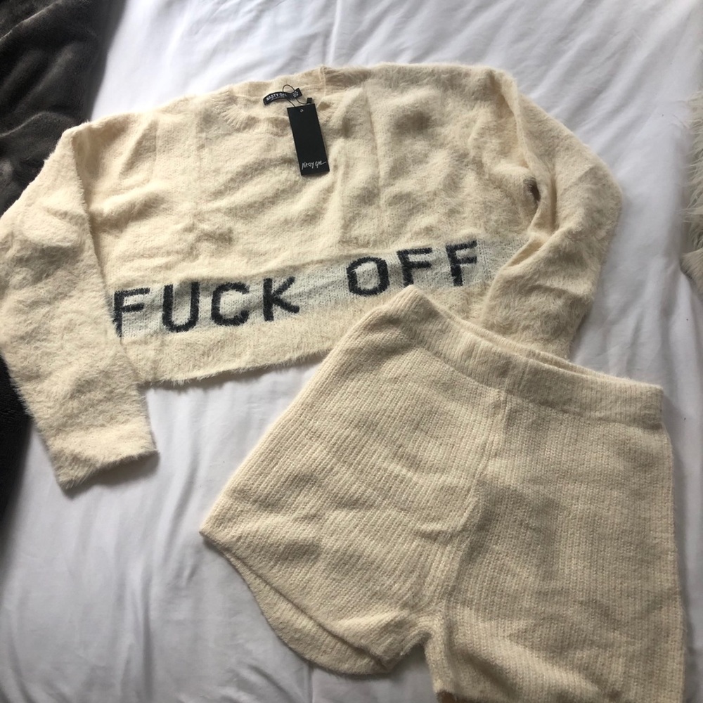 Nasty Gal Cream Fuzzy Cropped Pajama Set with Black Lettering